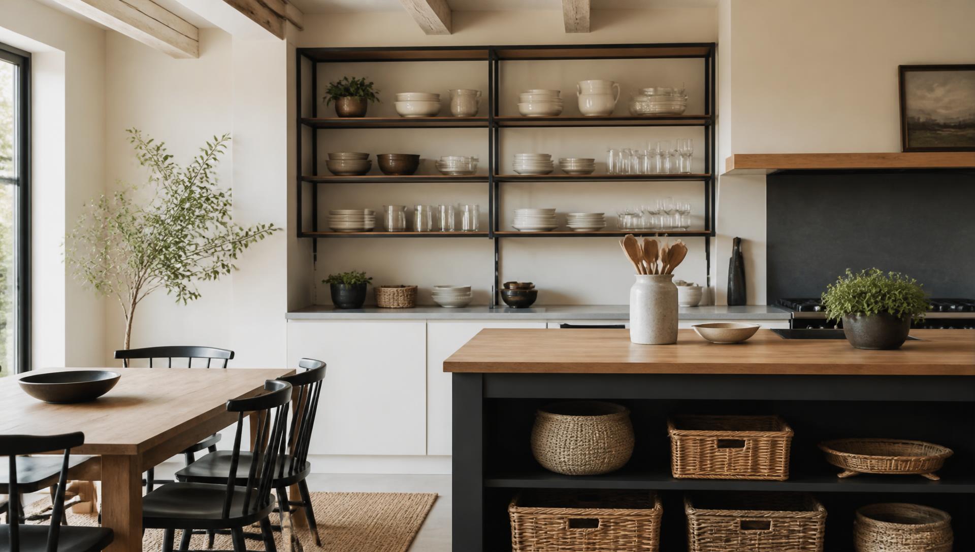 Cozinha contemporânea com loiças, utensílios, madeira, metal e cestos de organização