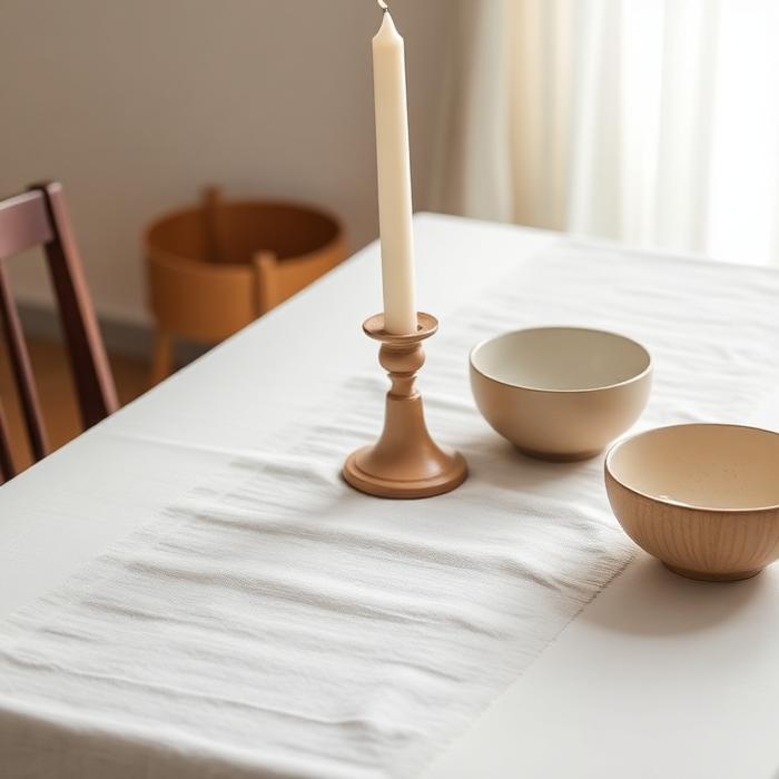 Mesa com caminho de linho, castiçal e tigelas em cerâmica